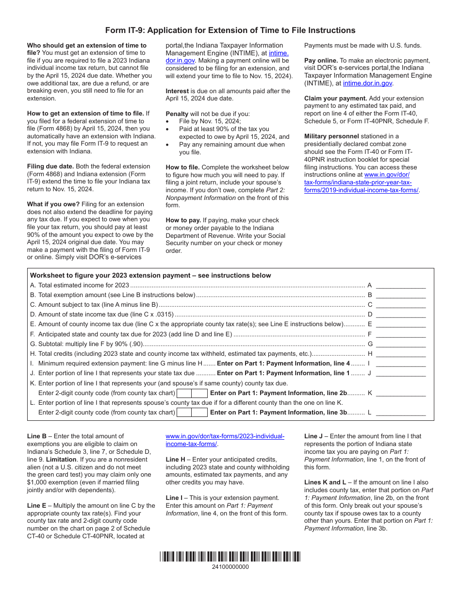 Form IT-9 (State Form 21006) Application for Extension of Time to File - Indiana, Page 2