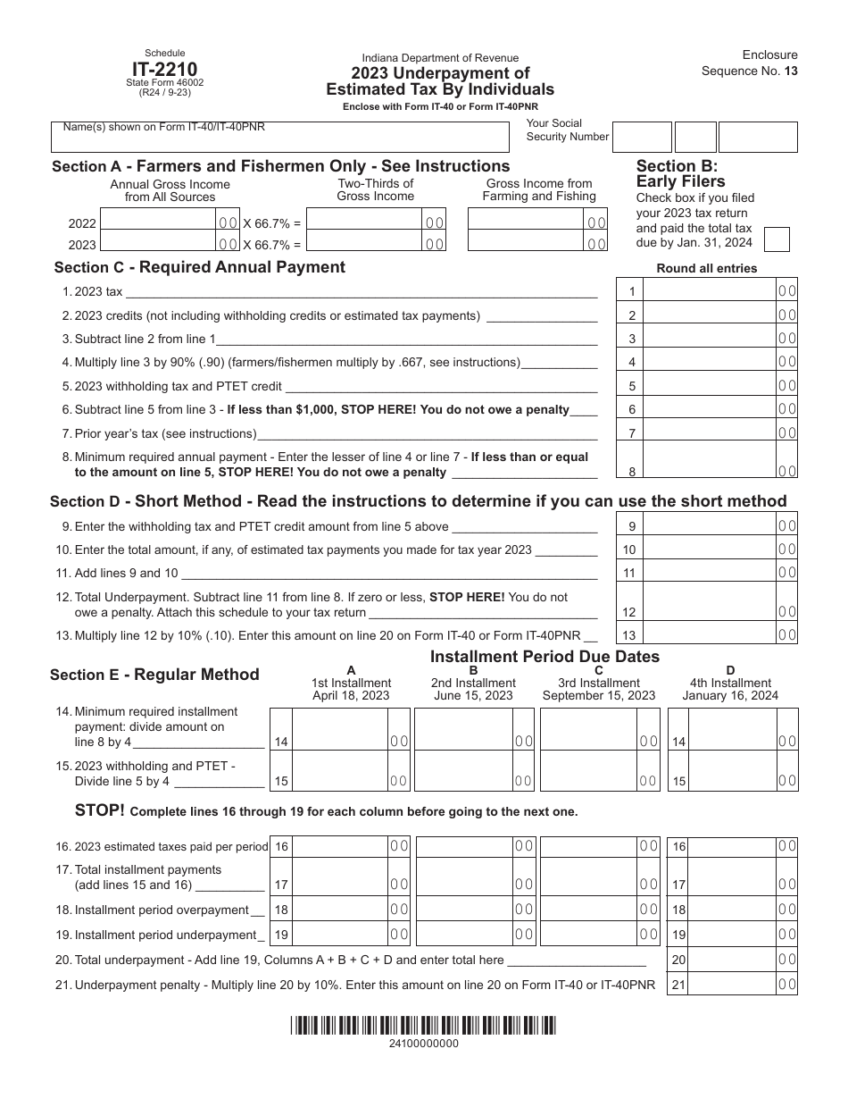 State Form 46002 Schedule IT-2210 Underpayment of Estimated Tax by Individuals - Indiana, Page 1
