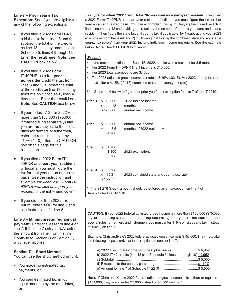 State Form 46002 Schedule IT-2210 Underpayment of Estimated Tax by Individuals - Indiana, Page 3
