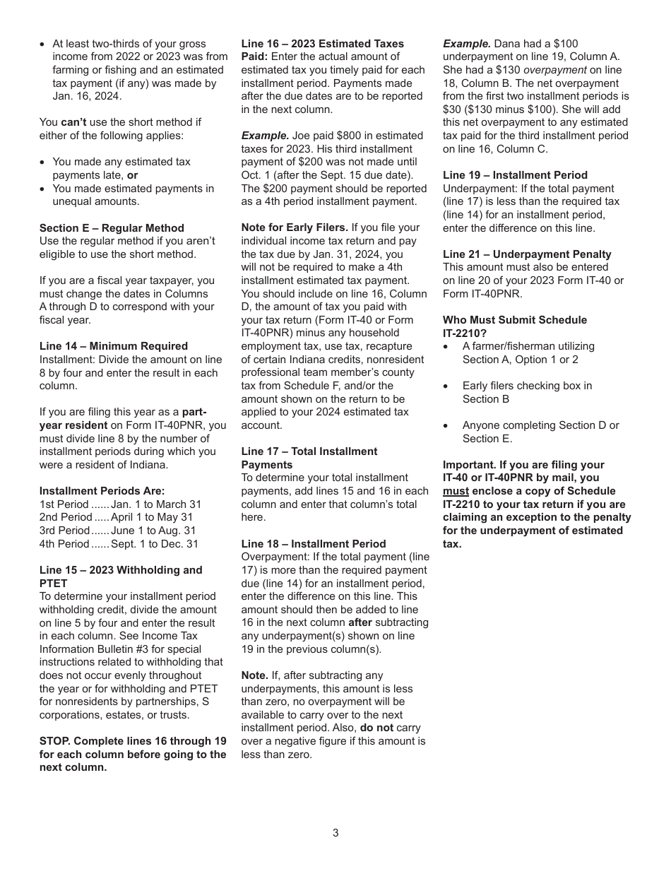 State Form 46002 Schedule IT-2210 Underpayment of Estimated Tax by Individuals - Indiana, Page 4