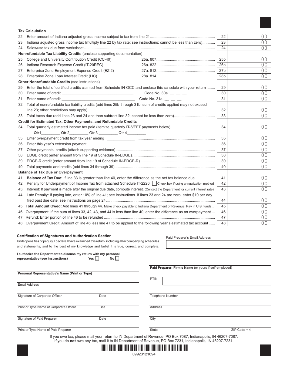 Form IT-20 (State Form 44275) Indiana Corporate Adjusted Gross Income Tax Return - Indiana, Page 2