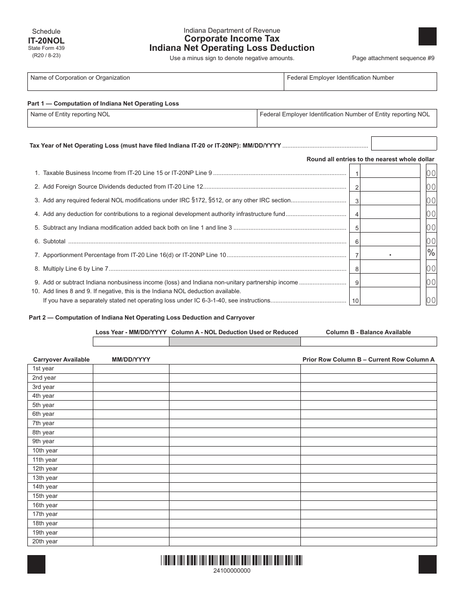 State Form 439 Schedule IT20NOL Download Fillable PDF or Fill Online