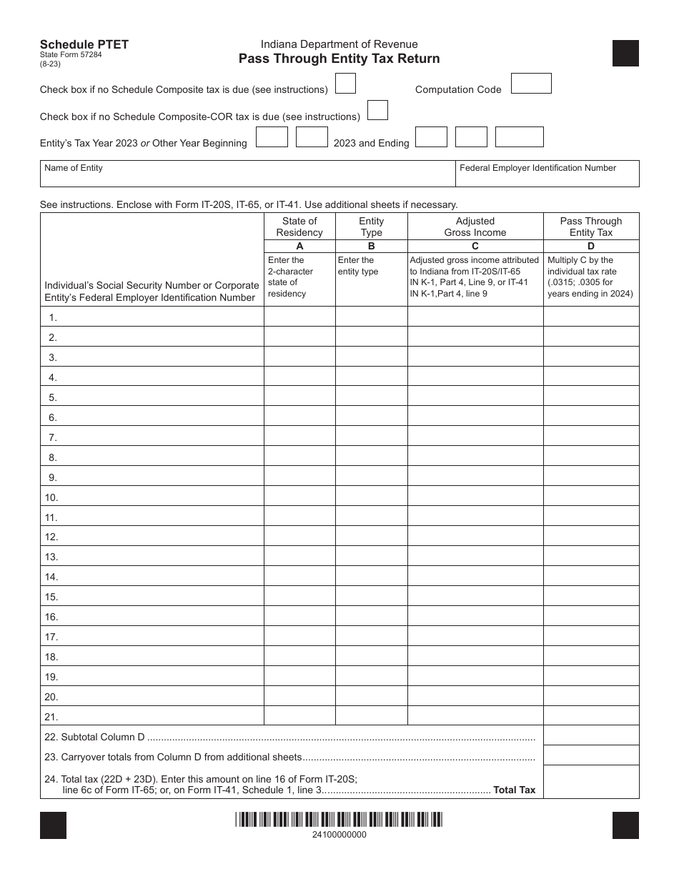 State Form 57284 Schedule PTET Pass Through Entity Tax Return - Indiana, Page 1