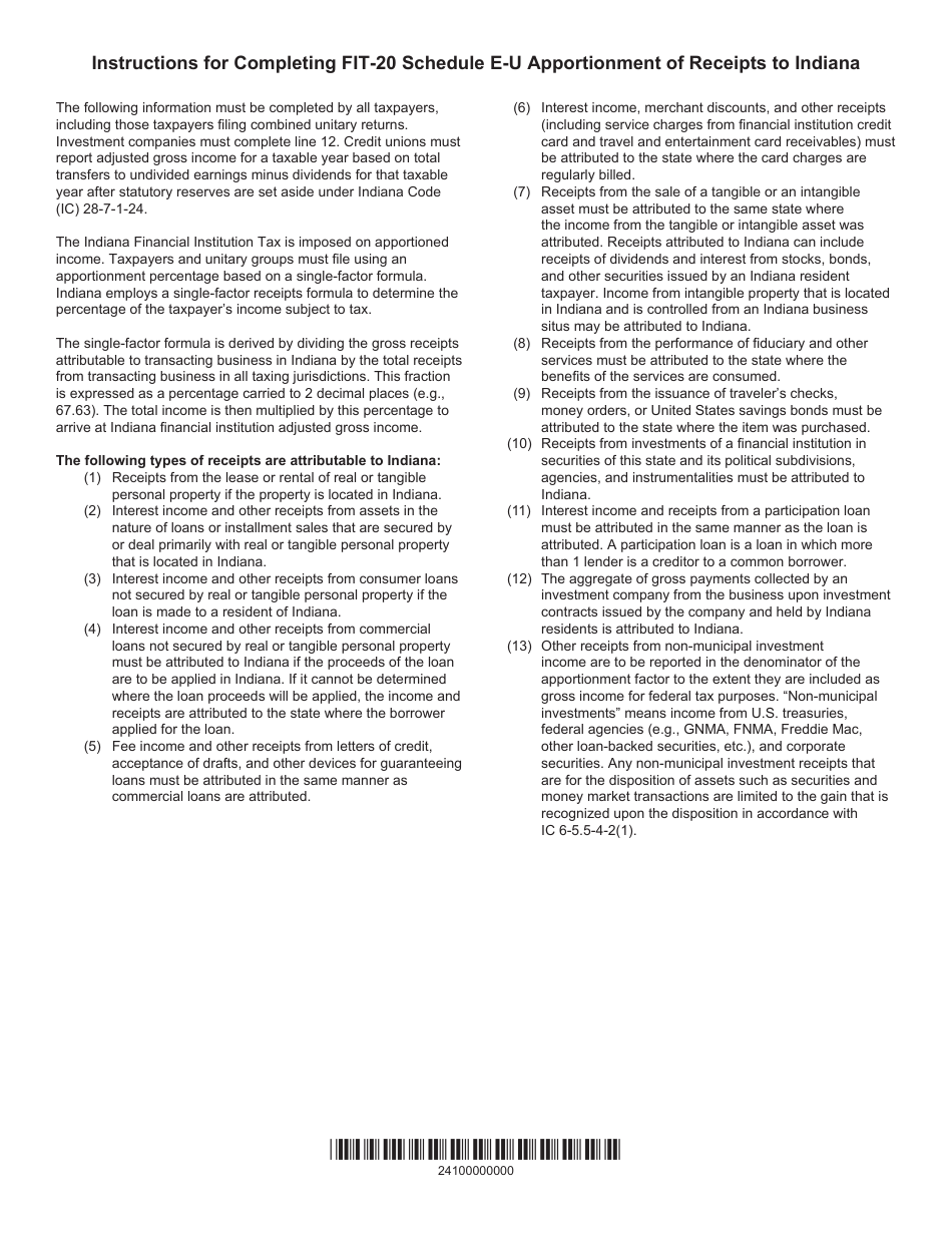 Form FIT-20 (State Form 44622) Schedule E-U Indiana Financial Institution Tax Return Apportionment of Receipts to Indiana - Indiana, Page 2