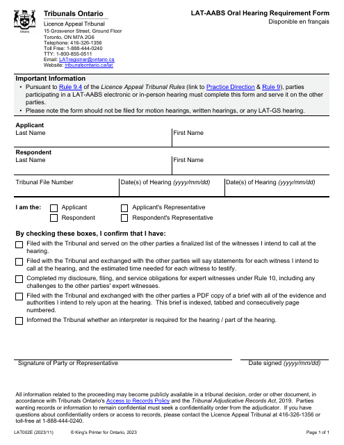 Form LAT002E Lat-Aabs Oral Hearing Requirement Form - Ontario, Canada