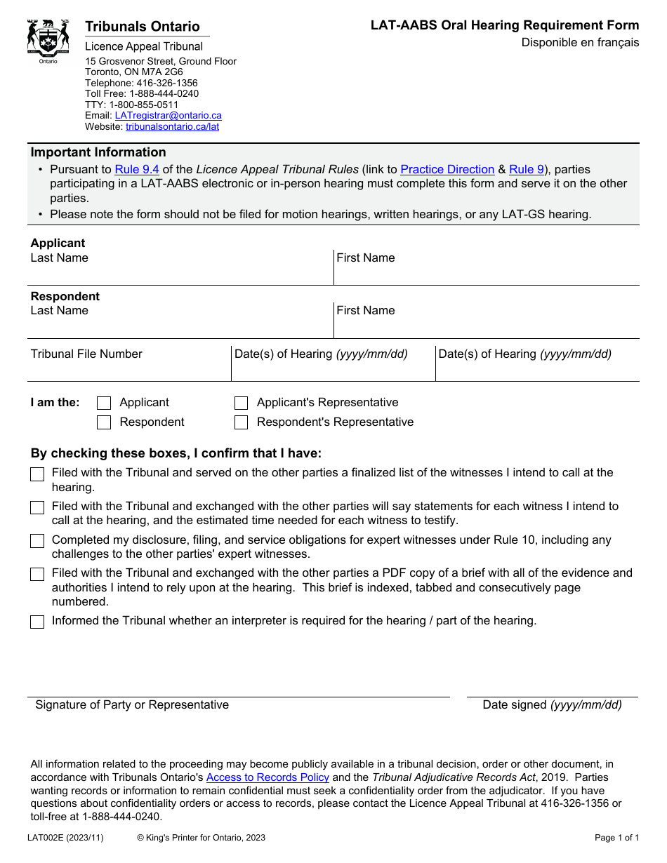 Form LAT002E Lat-Aabs Oral Hearing Requirement Form - Ontario, Canada, Page 1