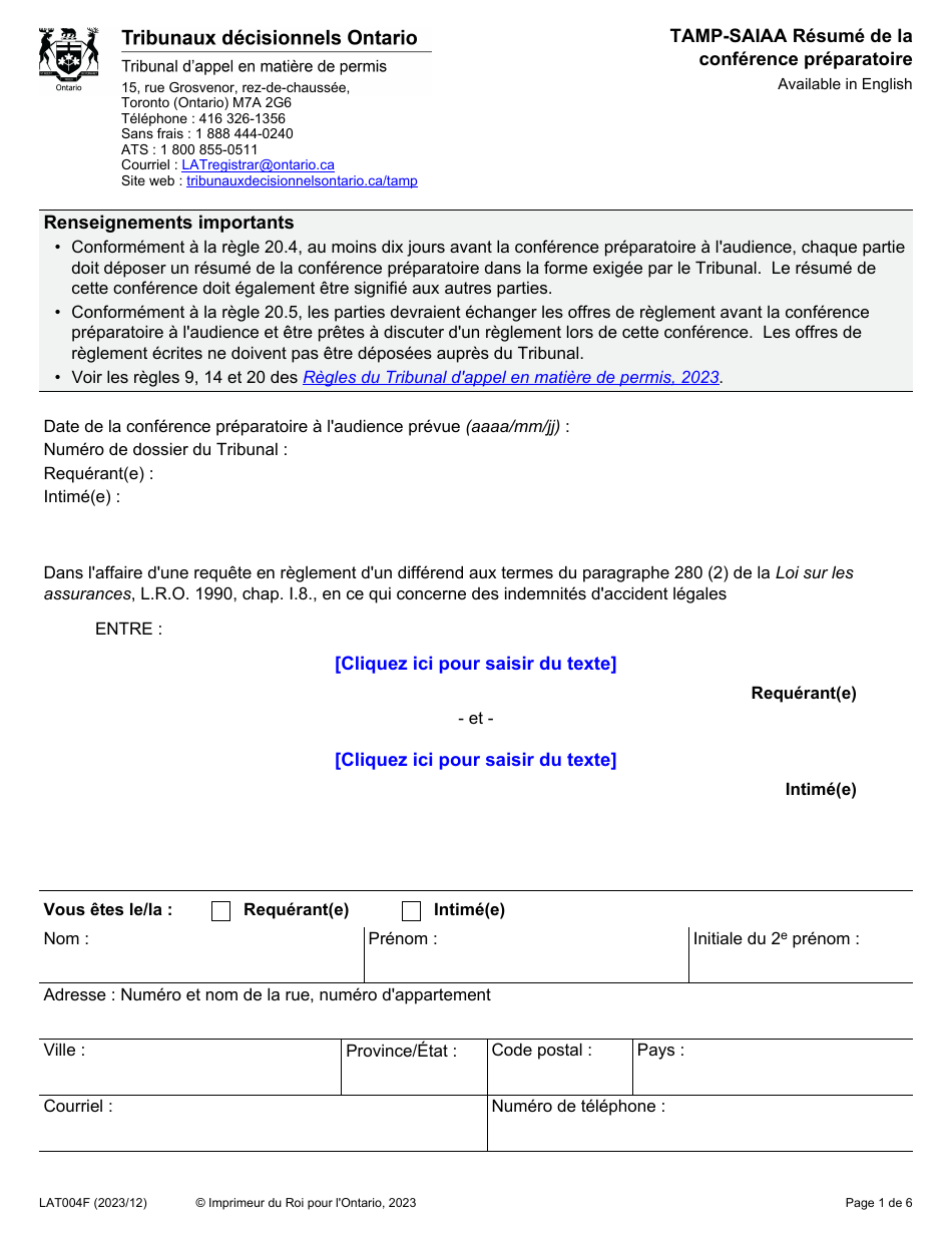 Forme LAT004F Tamp-Saiaa Resume De La Conference Preparatoire - Ontario, Canada (French), Page 1