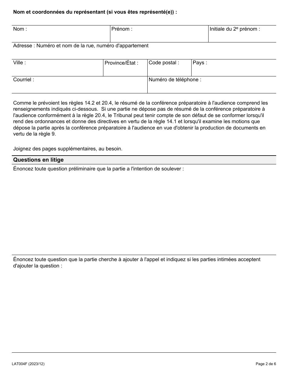 Forme LAT004F Tamp-Saiaa Resume De La Conference Preparatoire - Ontario, Canada (French), Page 2