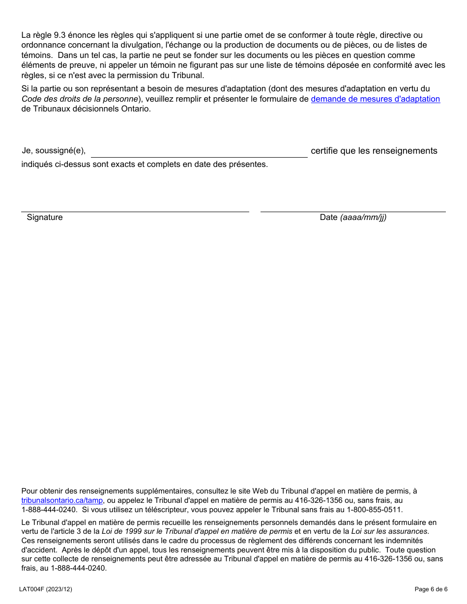 Forme LAT004F Tamp-Saiaa Resume De La Conference Preparatoire - Ontario, Canada (French), Page 6