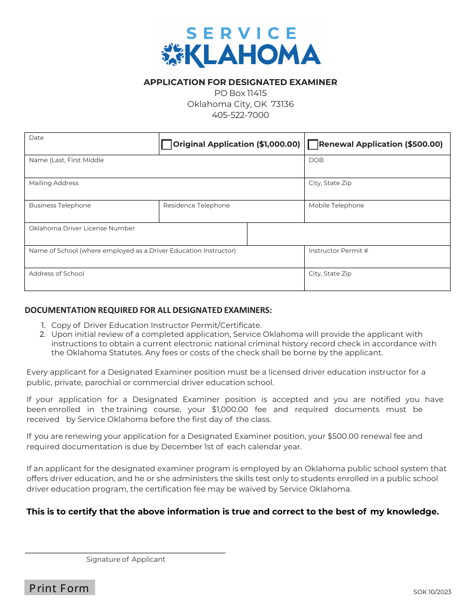 Application for Designated Examiner - Oklahoma, Page 1