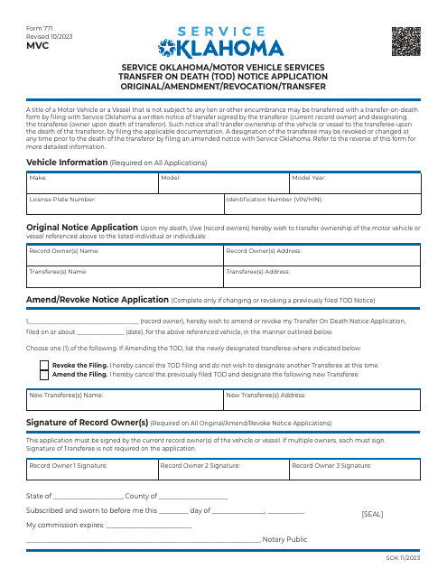 Form 771 Transfer on Death (Tod) Notice Application - Original/Amendment/Revocation/Transfer - Oklahoma