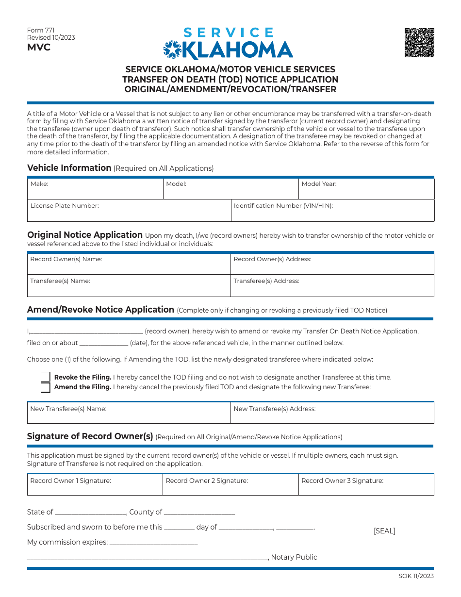 Form 771 Transfer on Death (Tod) Notice Application - Original / Amendment / Revocation / Transfer - Oklahoma, Page 1