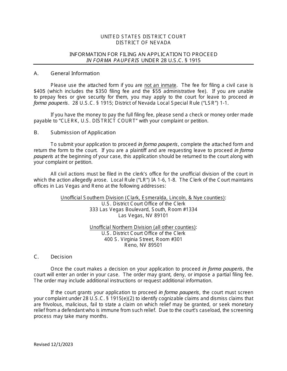 Form AO240 Application to Proceed in District Court Without Prepaying Fees or Costs (Short Form) - Nevada, Page 1