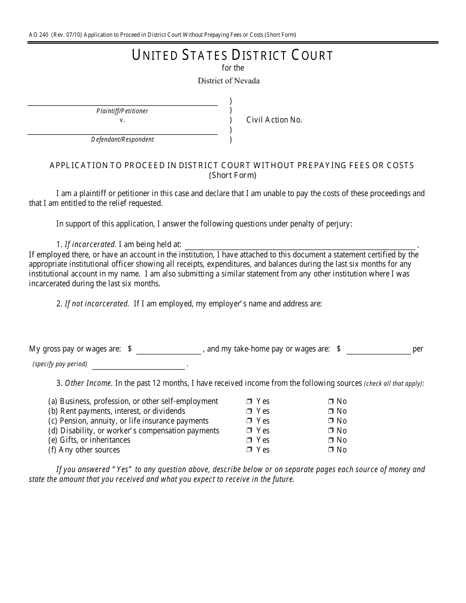 Form AO240 Application to Proceed in District Court Without Prepaying Fees or Costs (Short Form) - Nevada, Page 2