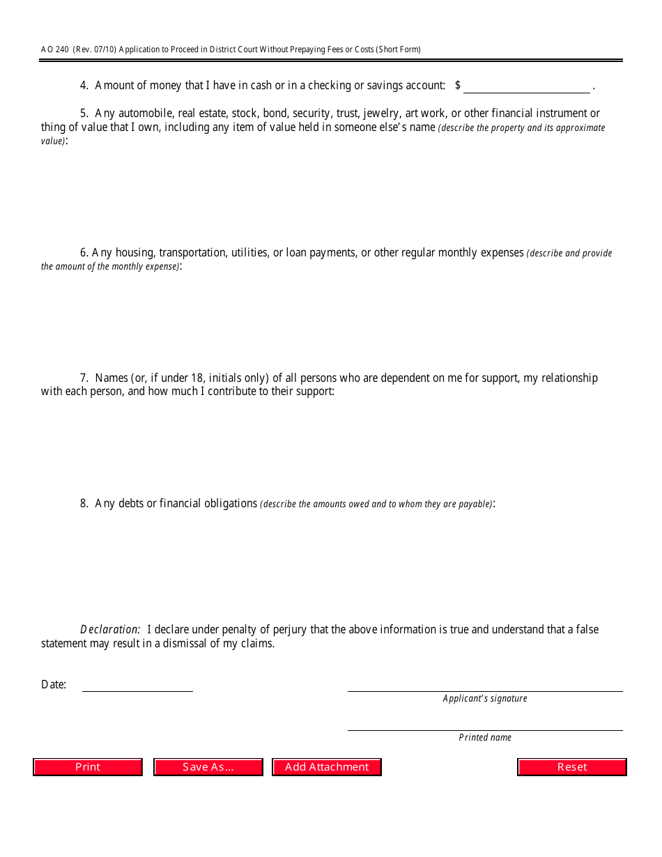 Form AO240 Application to Proceed in District Court Without Prepaying Fees or Costs (Short Form) - Nevada, Page 3