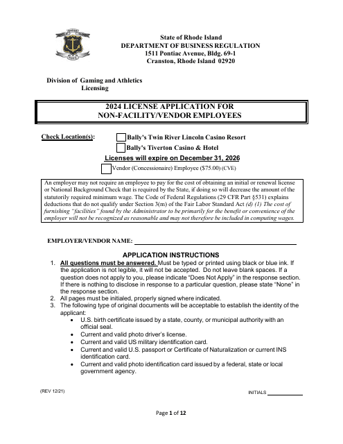 License Application for Non-facility / Vendor Employees - Rhode Island Download Pdf