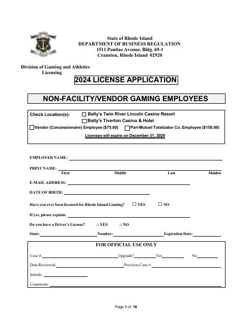 Non-facility/Vendor Gaming Employees License Application - Rhode Island, 2024