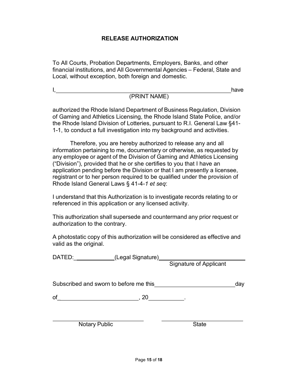 Non-facility / Vendor Gaming Employees License Application - Rhode Island, Page 15