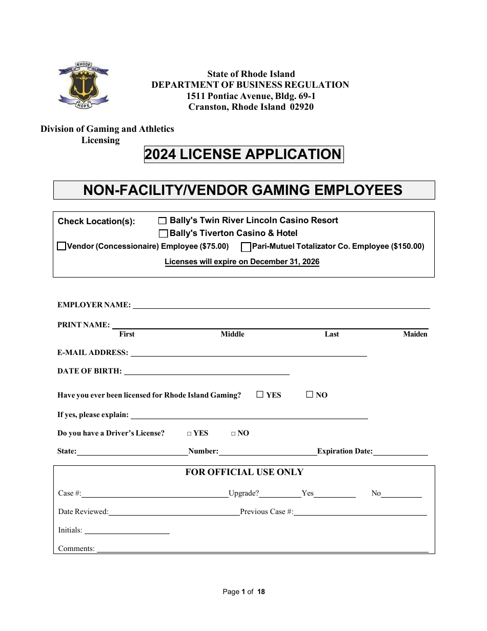 Non-facility / Vendor Gaming Employees License Application - Rhode Island, Page 1