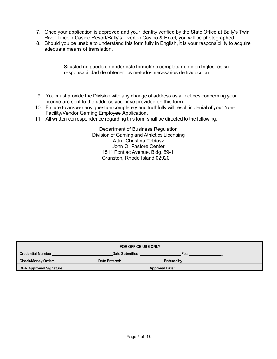 Non-facility / Vendor Gaming Employees License Application - Rhode Island, Page 4