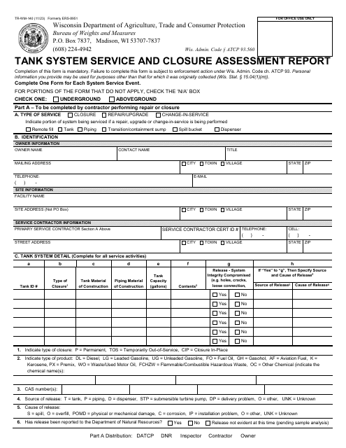 Form TR-WM-140 Tank System Service and Closure Assessment Report - Wisconsin