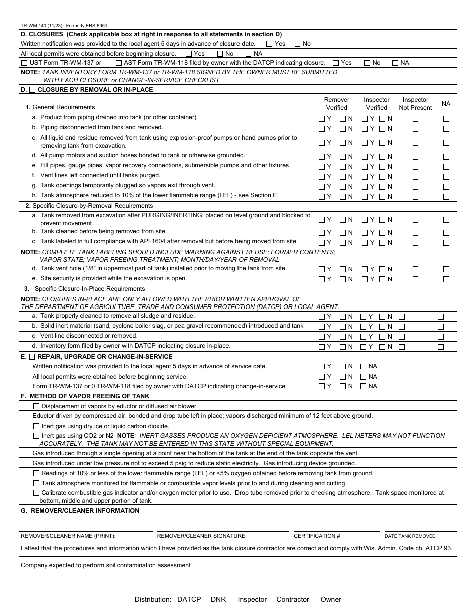 Form TR-WM-140 Tank System Service and Closure Assessment Report - Wisconsin, Page 2