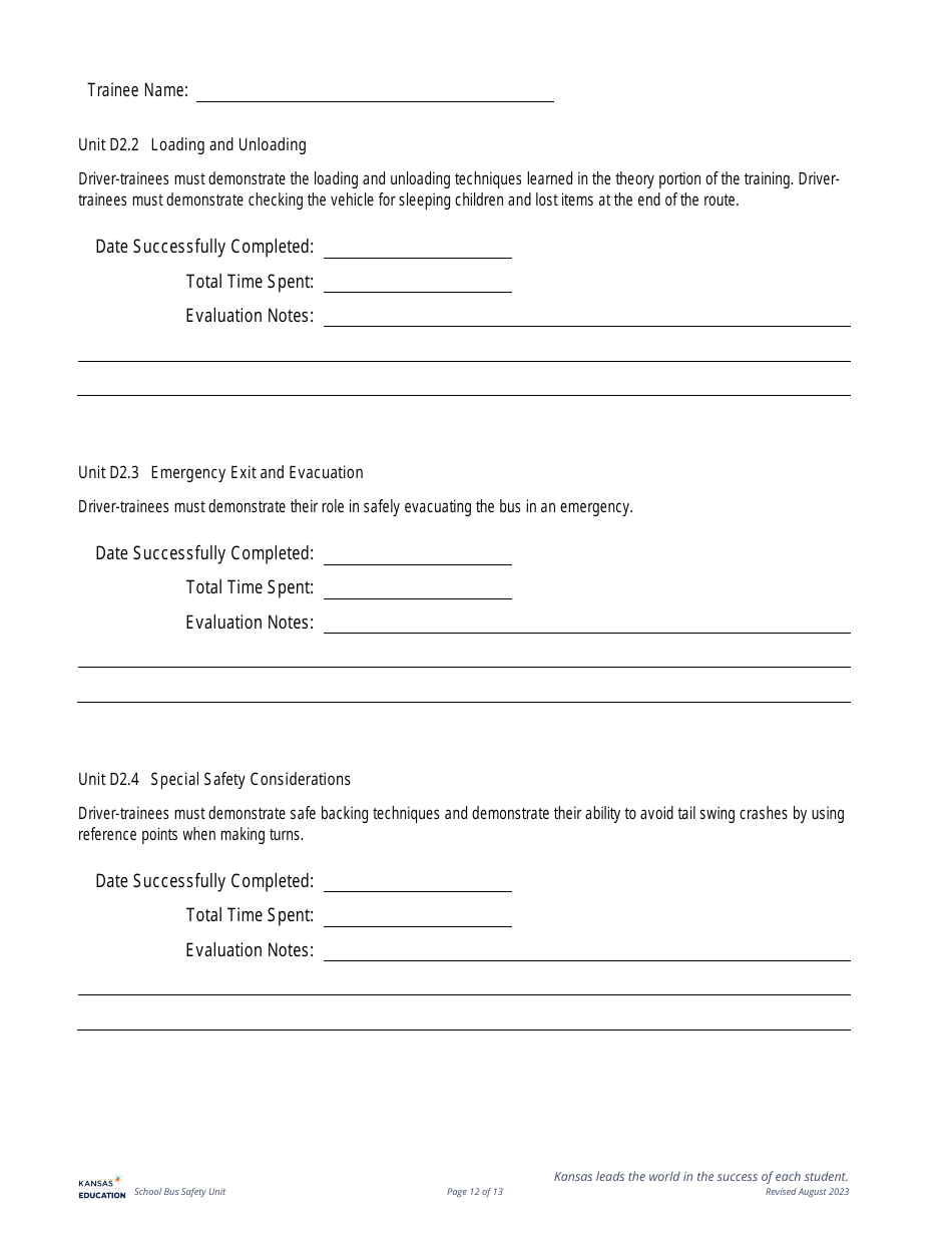 Class B Cdl Plus P  S Endorsement - Behind the Wheel Training Documentation - Kansas, Page 12