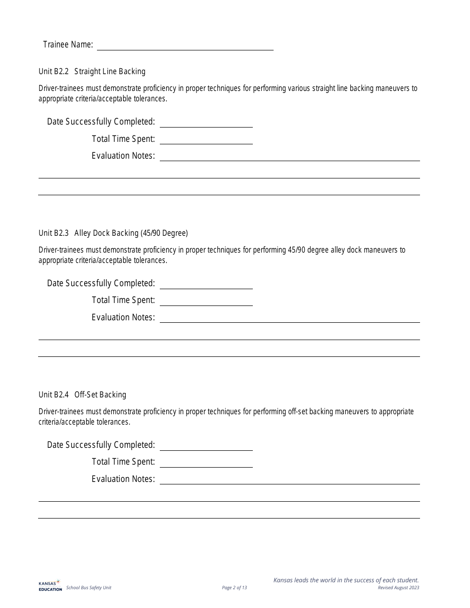 Class B Cdl Plus P  S Endorsement - Behind the Wheel Training Documentation - Kansas, Page 2