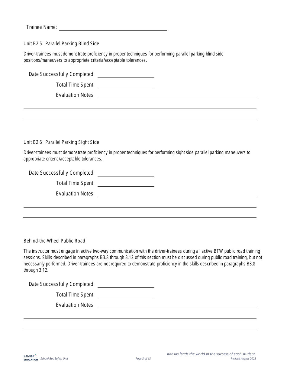 Class B Cdl Plus P  S Endorsement - Behind the Wheel Training Documentation - Kansas, Page 3