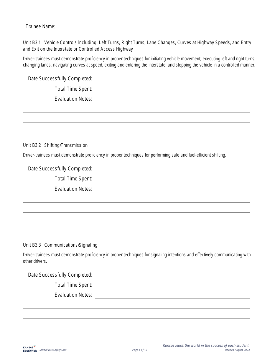 Class B Cdl Plus P  S Endorsement - Behind the Wheel Training Documentation - Kansas, Page 4