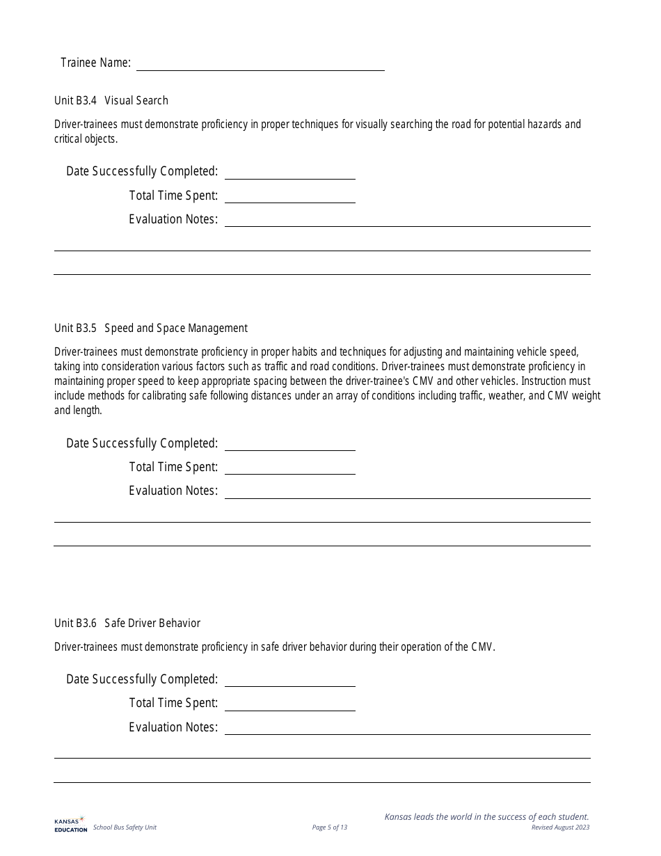 Class B Cdl Plus P  S Endorsement - Behind the Wheel Training Documentation - Kansas, Page 5