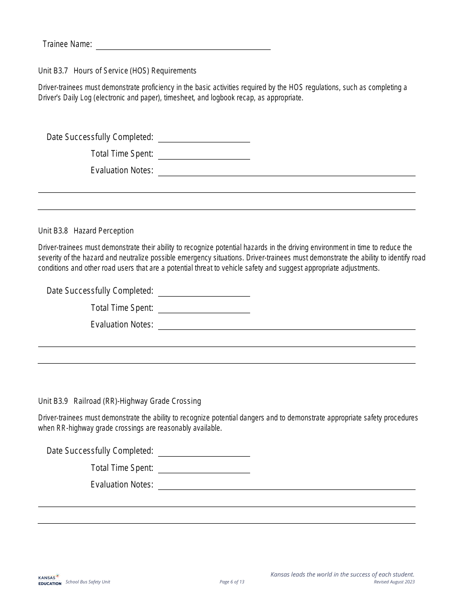 Class B Cdl Plus P  S Endorsement - Behind the Wheel Training Documentation - Kansas, Page 6