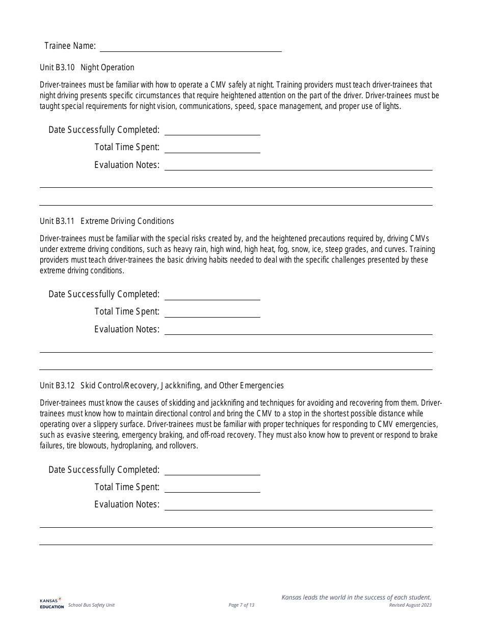 Class B Cdl Plus P  S Endorsement - Behind the Wheel Training Documentation - Kansas, Page 7