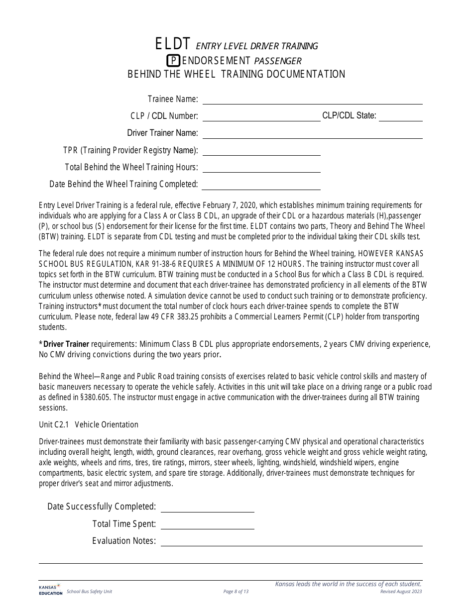 Class B Cdl Plus P  S Endorsement - Behind the Wheel Training Documentation - Kansas, Page 8
