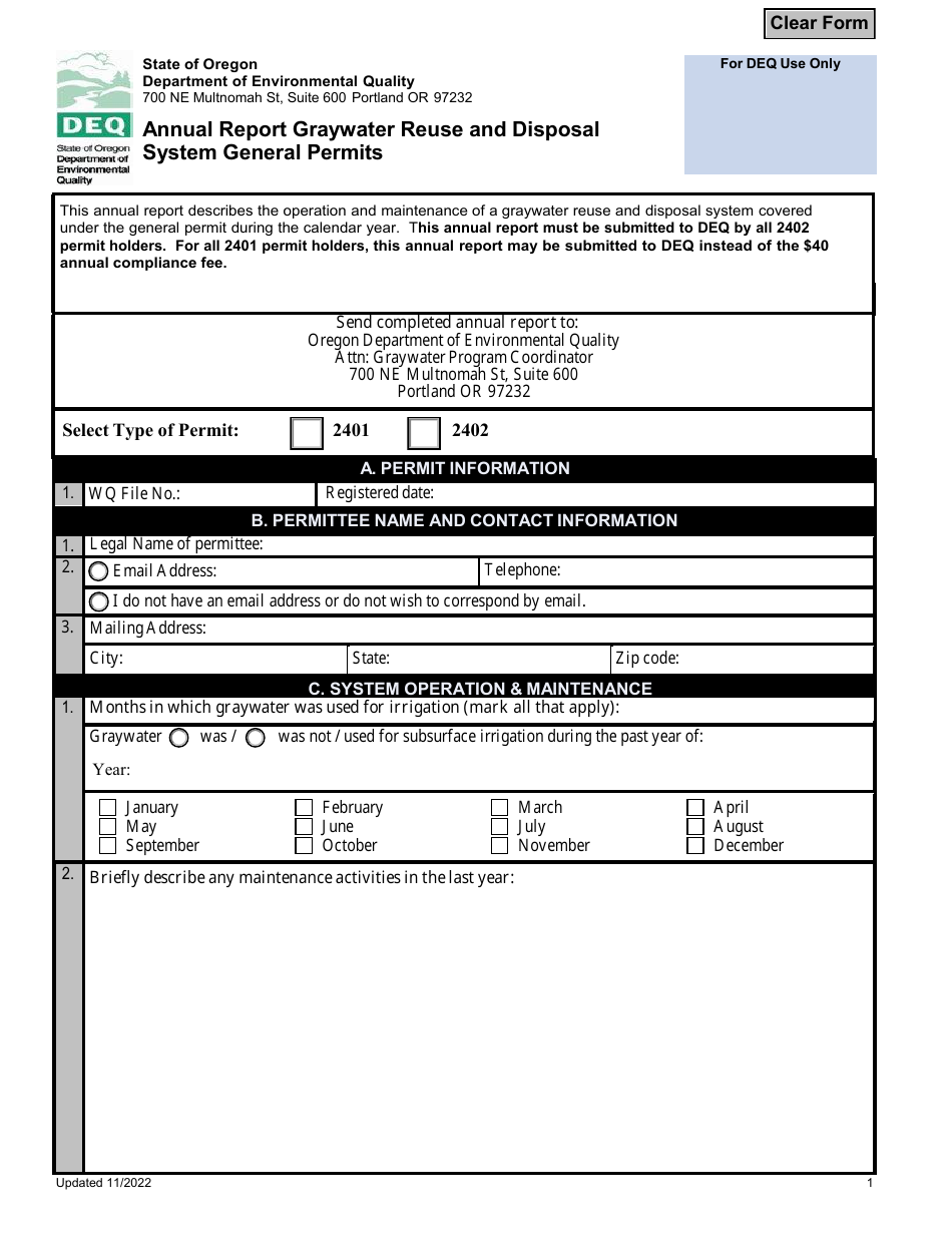 Annual Report Graywater Reuse and Disposal System General Permits - Oregon, Page 1