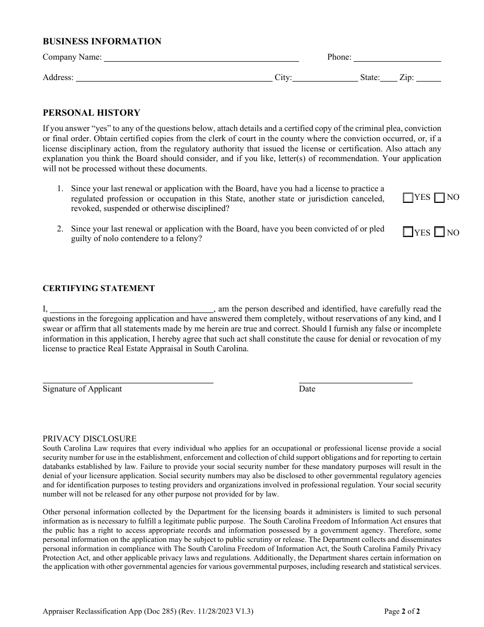 Form DOC285 Appraiser Reclassification Application - South Carolina, Page 2