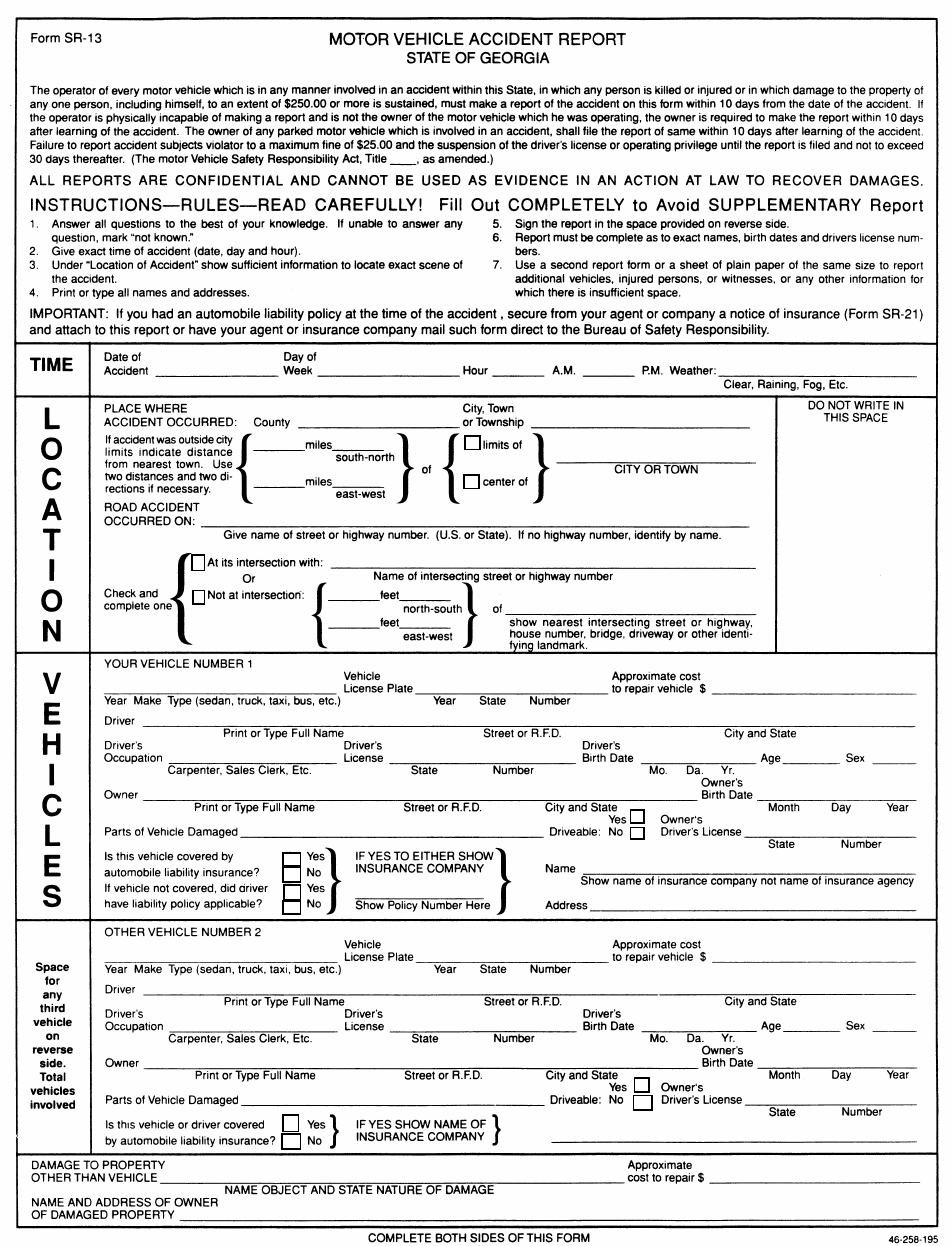 Form SR-13 Motor Vehicle Accident Report - Fulton County, Georgia (United States), Page 1