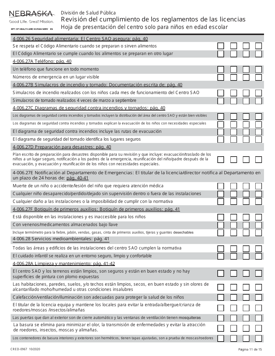 Formulario CRED-0967 Lista De Verification - Revision Del Cumplimiento De Los Reglamentos De Las Licencias - Nebraska (Spanish), Page 11