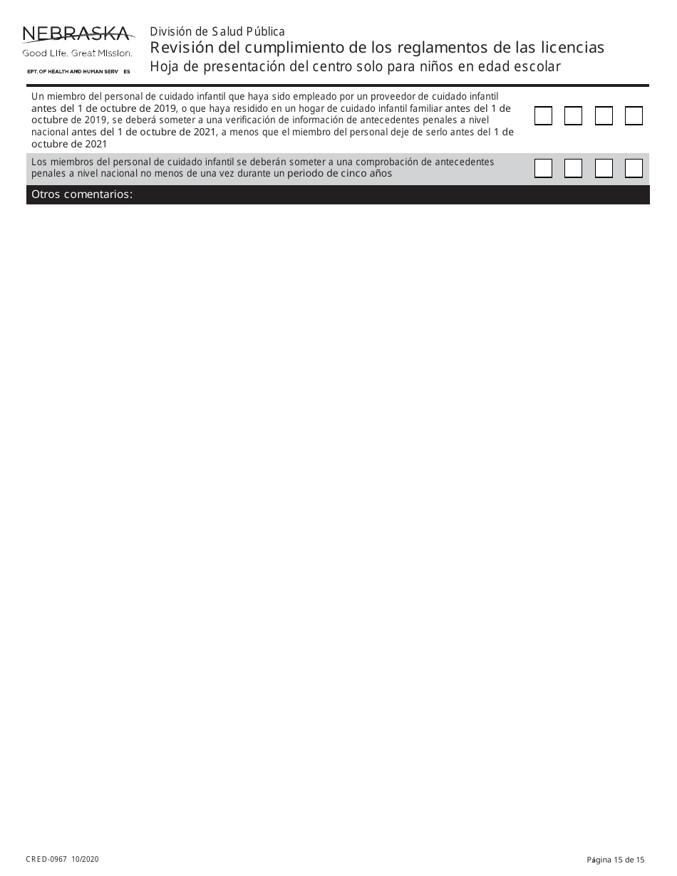 Formulario CRED-0967 Lista De Verification - Revision Del Cumplimiento De Los Reglamentos De Las Licencias - Nebraska (Spanish), Page 15