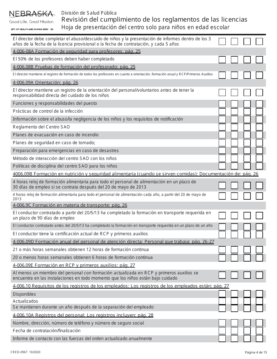 Formulario CRED-0967 Lista De Verification - Revision Del Cumplimiento De Los Reglamentos De Las Licencias - Nebraska (Spanish), Page 4