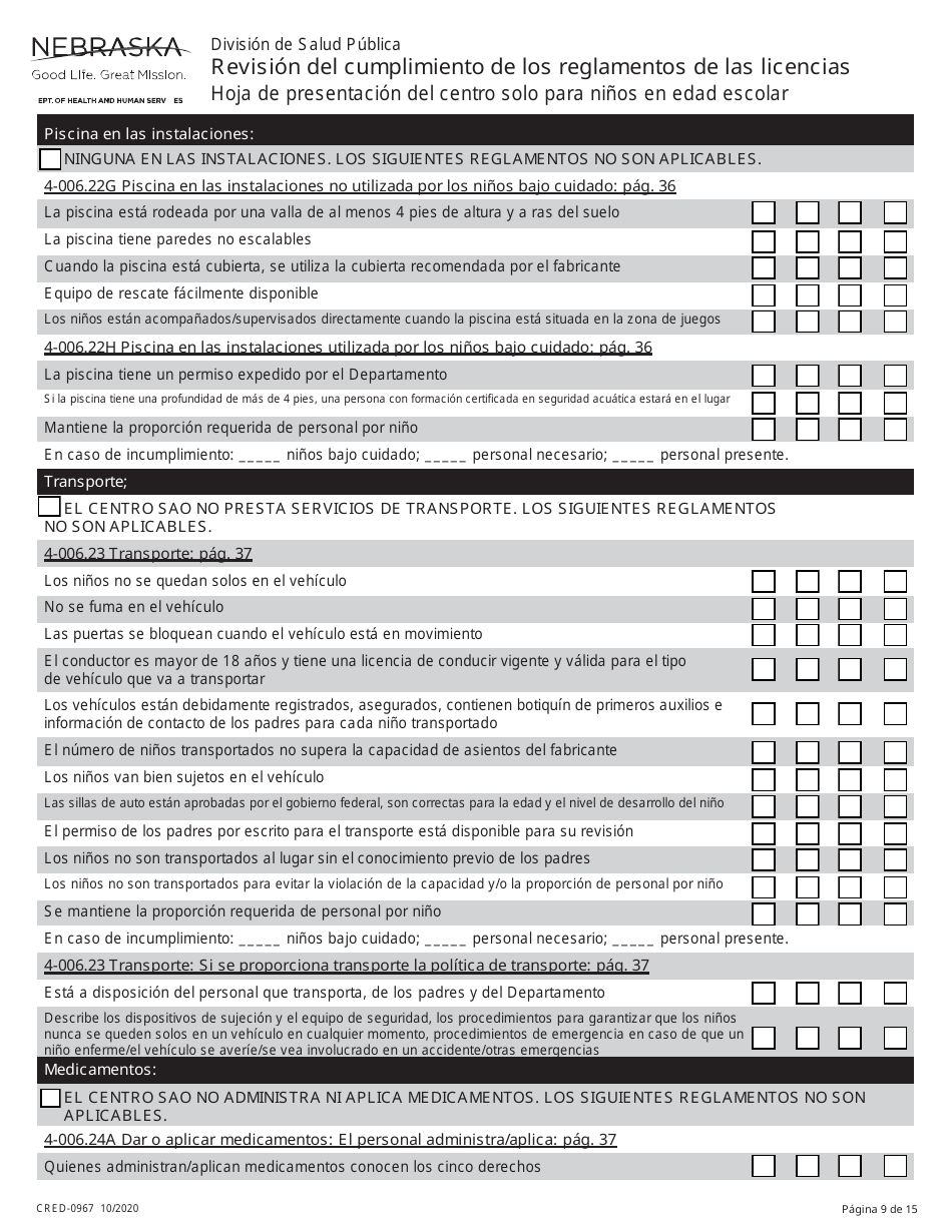Formulario CRED-0967 Lista De Verification - Revision Del Cumplimiento De Los Reglamentos De Las Licencias - Nebraska (Spanish), Page 9