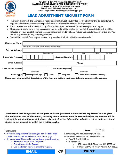 Leak Adjustment Request Form - Fulton County, Georgia (United States)