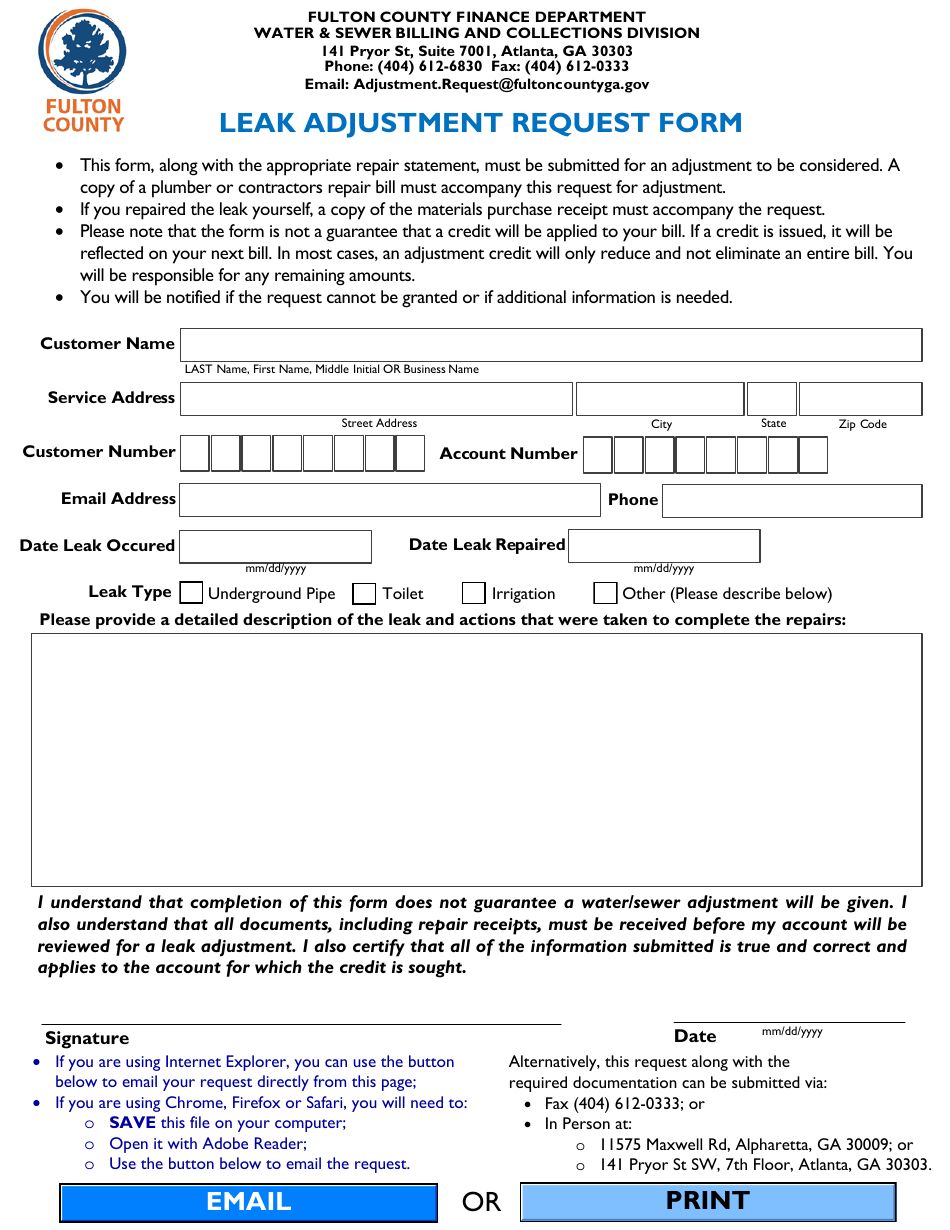 Leak Adjustment Request Form - Fulton County, Georgia (United States), Page 1