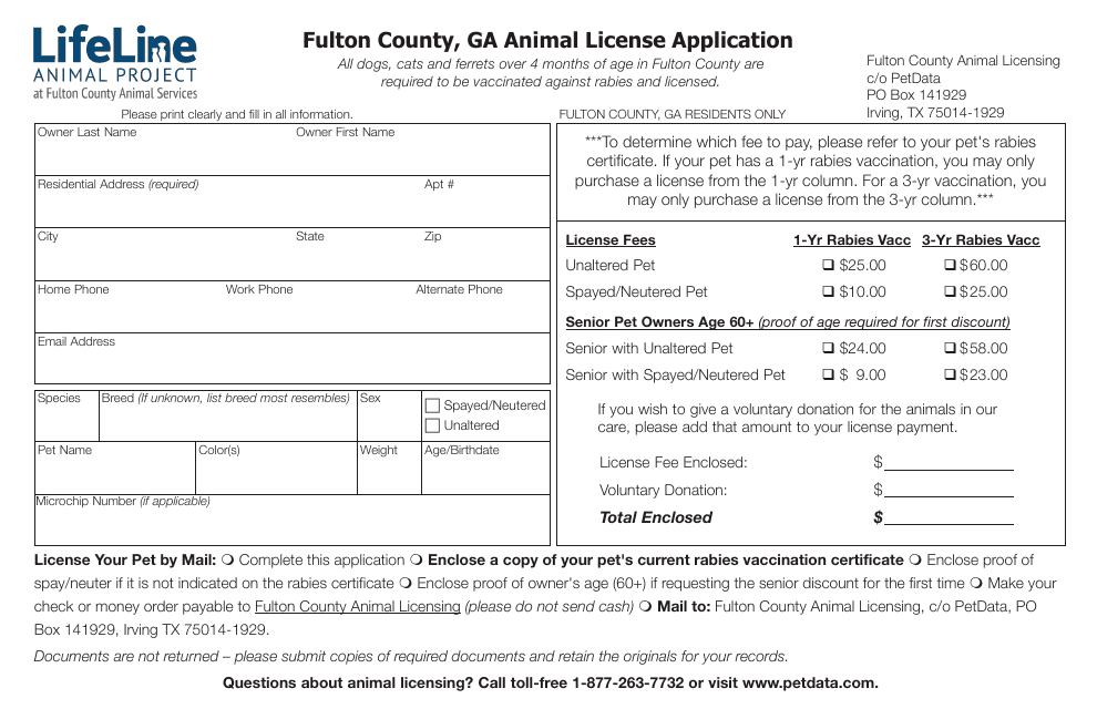 Animal License Application - Fulton County, Georgia (United States) Download Pdf