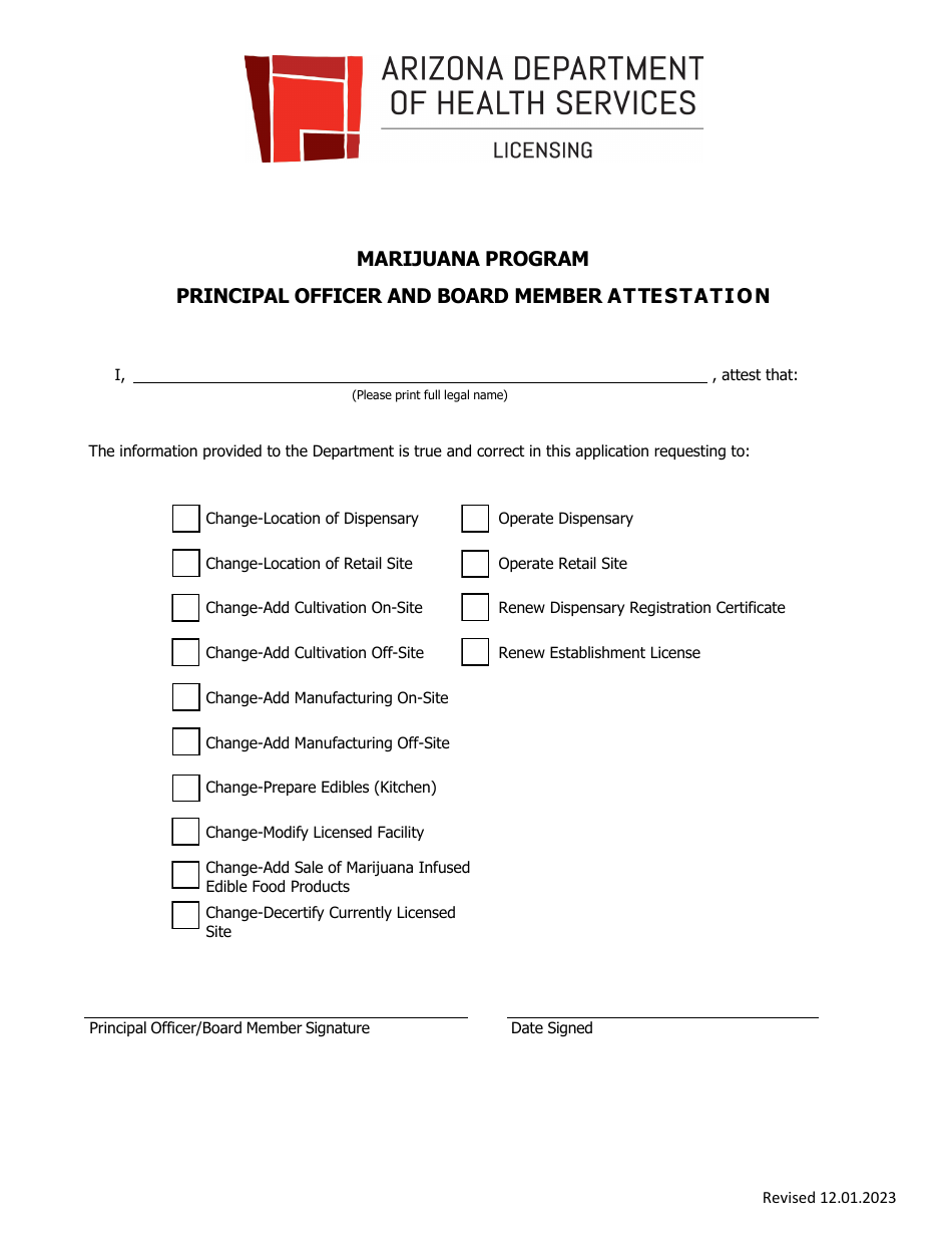 Principal Officer and Board Member Licensed Facility Attestation - Marijuana Program - Arizona, Page 1
