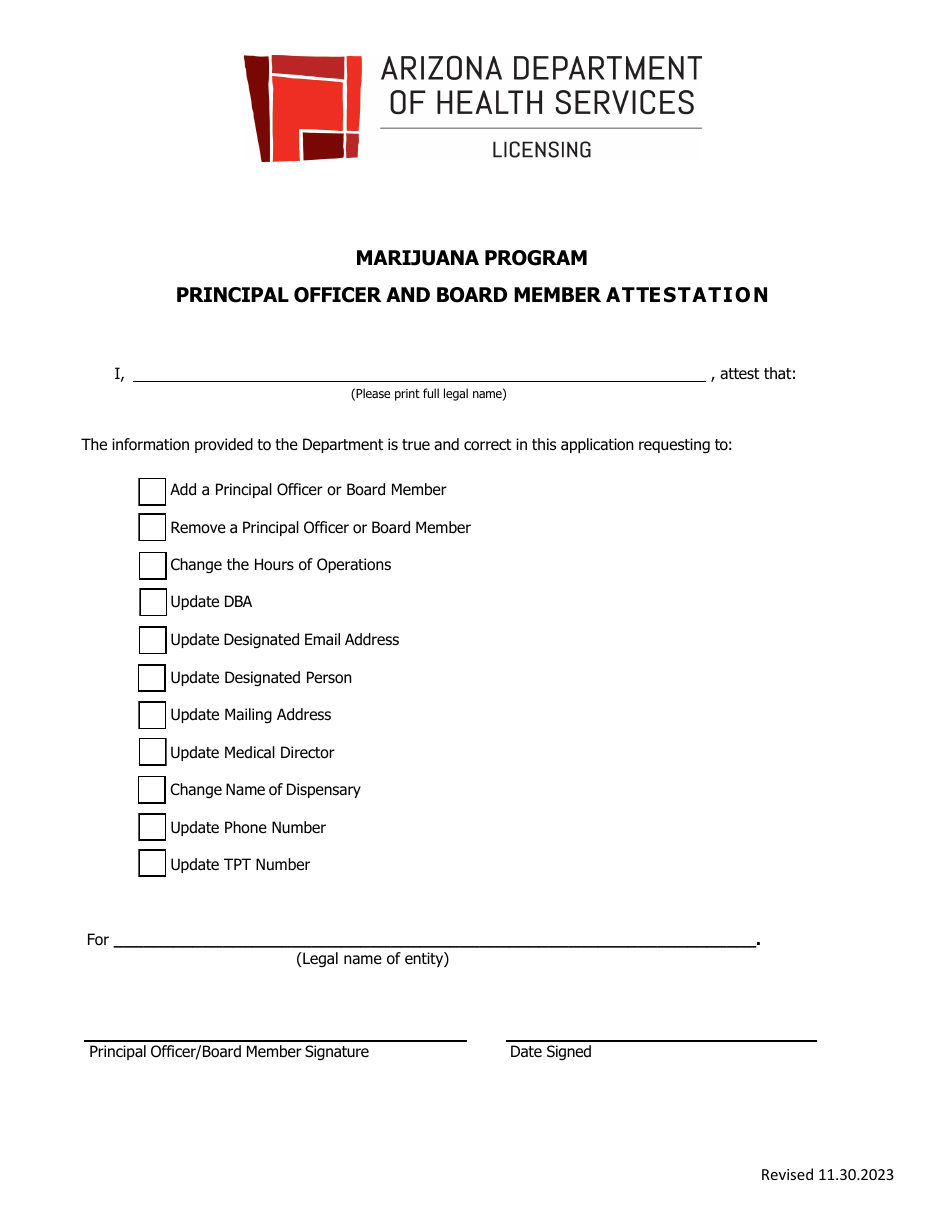 Principal Officer and Board Member Information Update Attestation - Marijuana Program - Arizona, Page 1