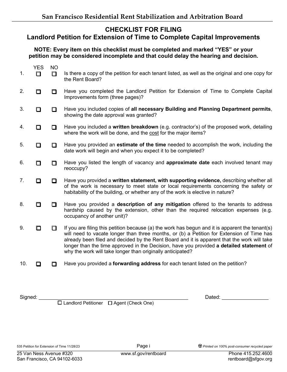 Form 535 Landlord Petition for Extension of Time to Complete Capital Improvements - City and County of San Francisco, California, Page 1