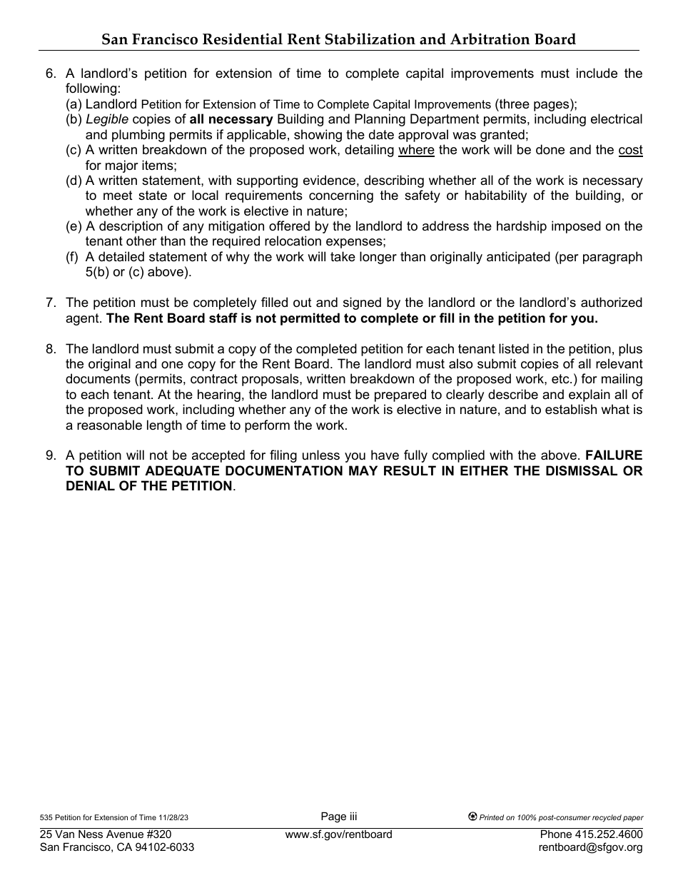 Form 535 Landlord Petition for Extension of Time to Complete Capital Improvements - City and County of San Francisco, California, Page 3