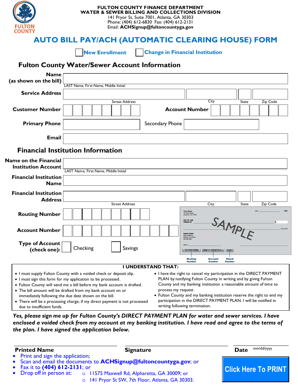 Auto Bill Pay / ACH (Automatic Clearing House) Form - Fulton County, Georgia (United States), Page 1