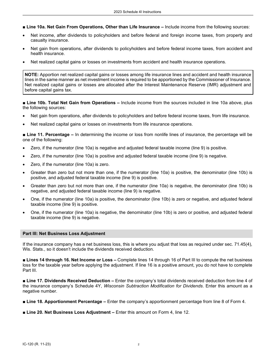 Instructions for Form IC-020C Schedule 4I Wisconsin Adjustments for Insurance Companies - Wisconsin, Page 2